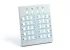 Light gray control panel with printed blue outlines, numbered labels and lock icons around switch and button cutouts