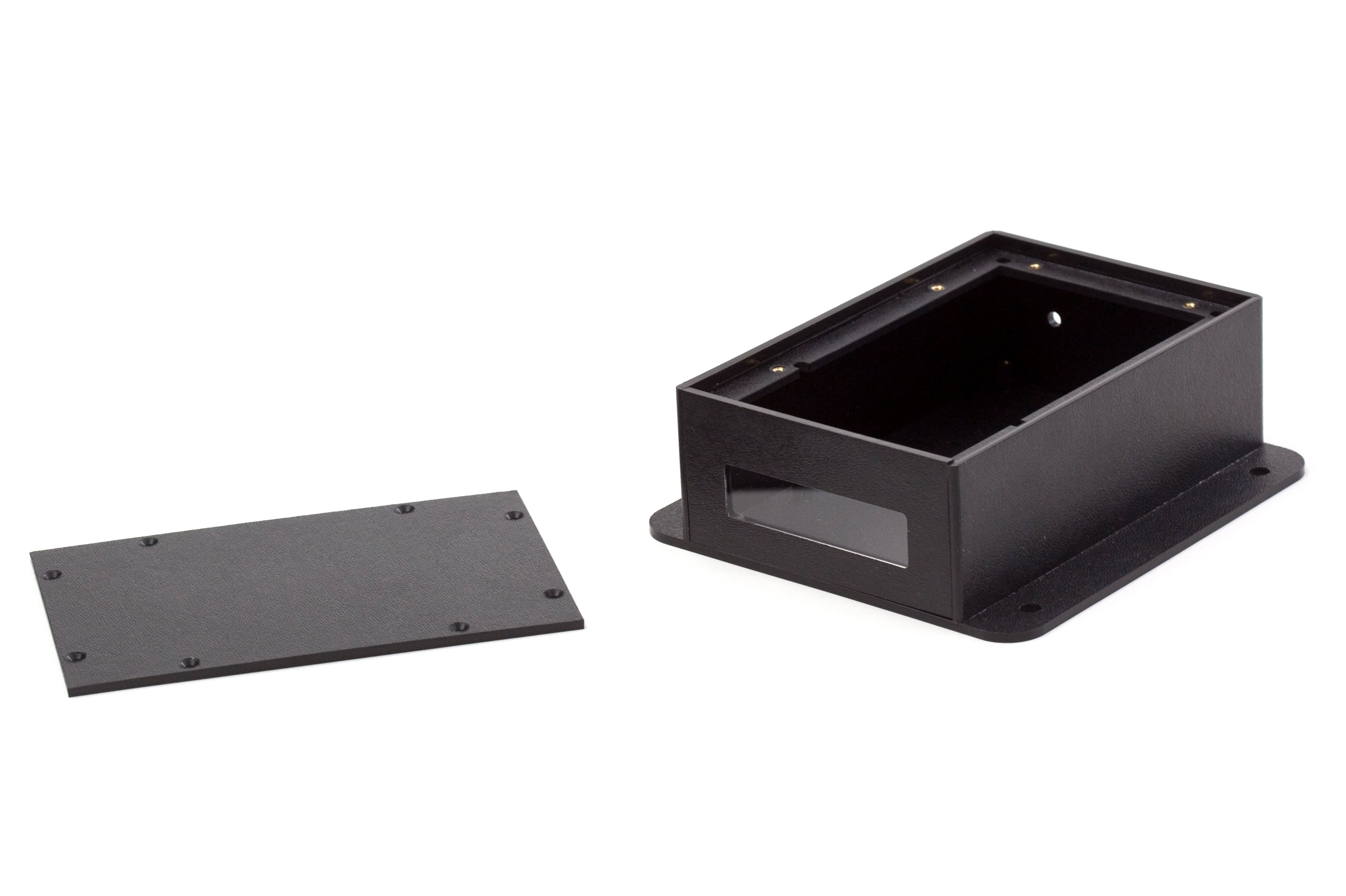 Black custom plastic enclosure box designed by Envision Plastics.