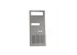 Gray plastic front panel with display windows, button and switch holes, and three banks of vent louvers
